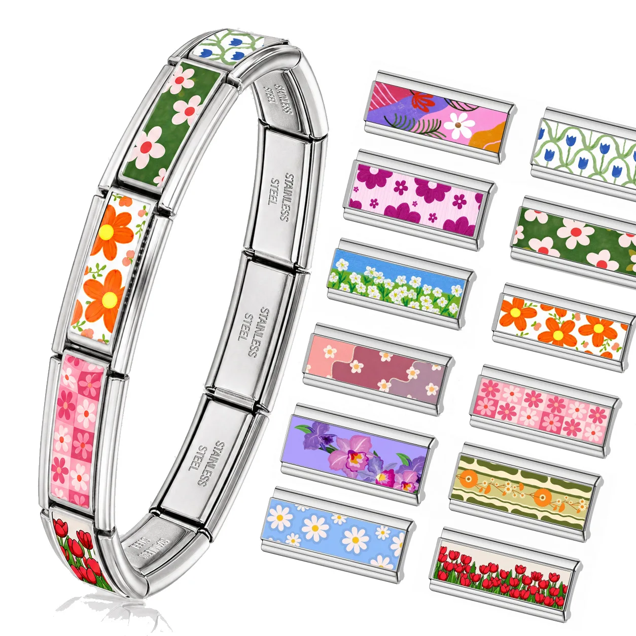 2026 Spring Flower Tulip Daisy Red Tulip Print Italian Charm Long Links Fit 9MM Stainless Steel Bracelet Jewelry for Women Girls