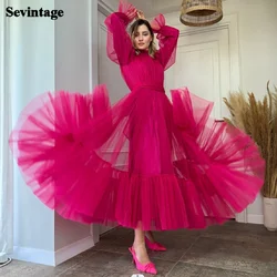 Sevintage Fuchsia Long Sleeves Prom Gowns A Line Tulle Tiered Skirt Short Formal Special Party Dresses Women Bridesmaid Dress