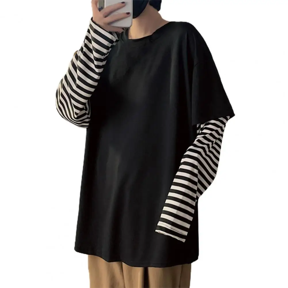 Fake Two-piece Men T-shirt Harajuku O Neck Oversized Stripe Spring Autumn T-shirt Pullover Men Tops Streetwear футболка оверсайз