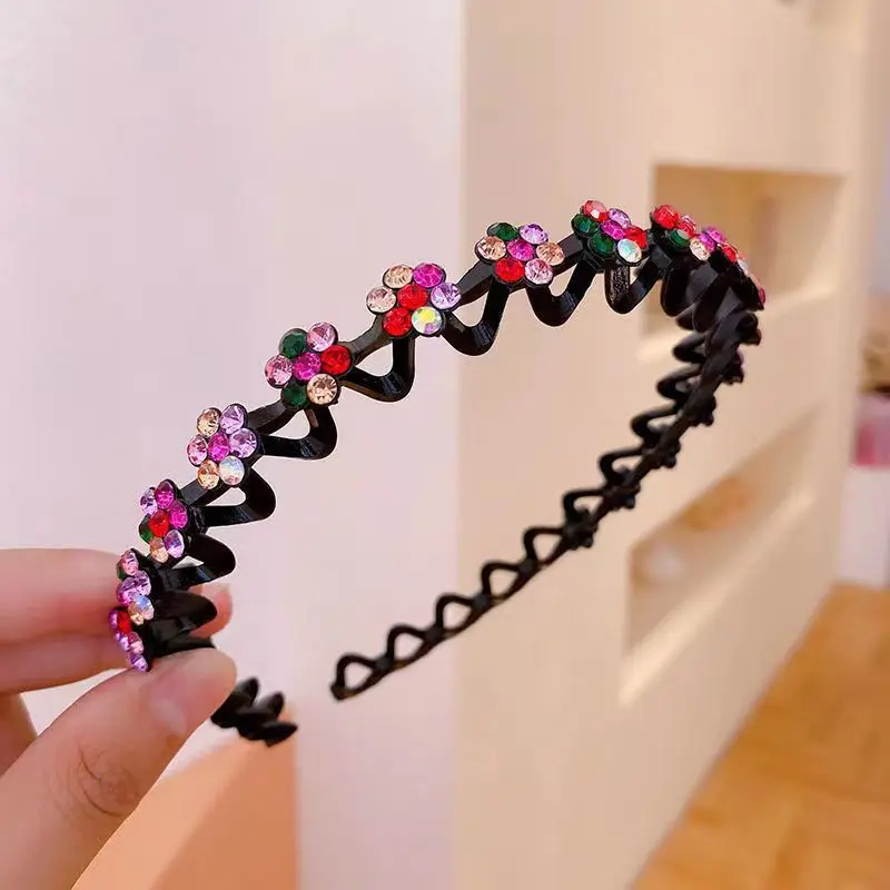 Non-slip Rhinestone Flower Headband Solid Wave Hairband for Women Girls Bezel Fashion Hair Hoop Ladies Boutique Hair Accessories