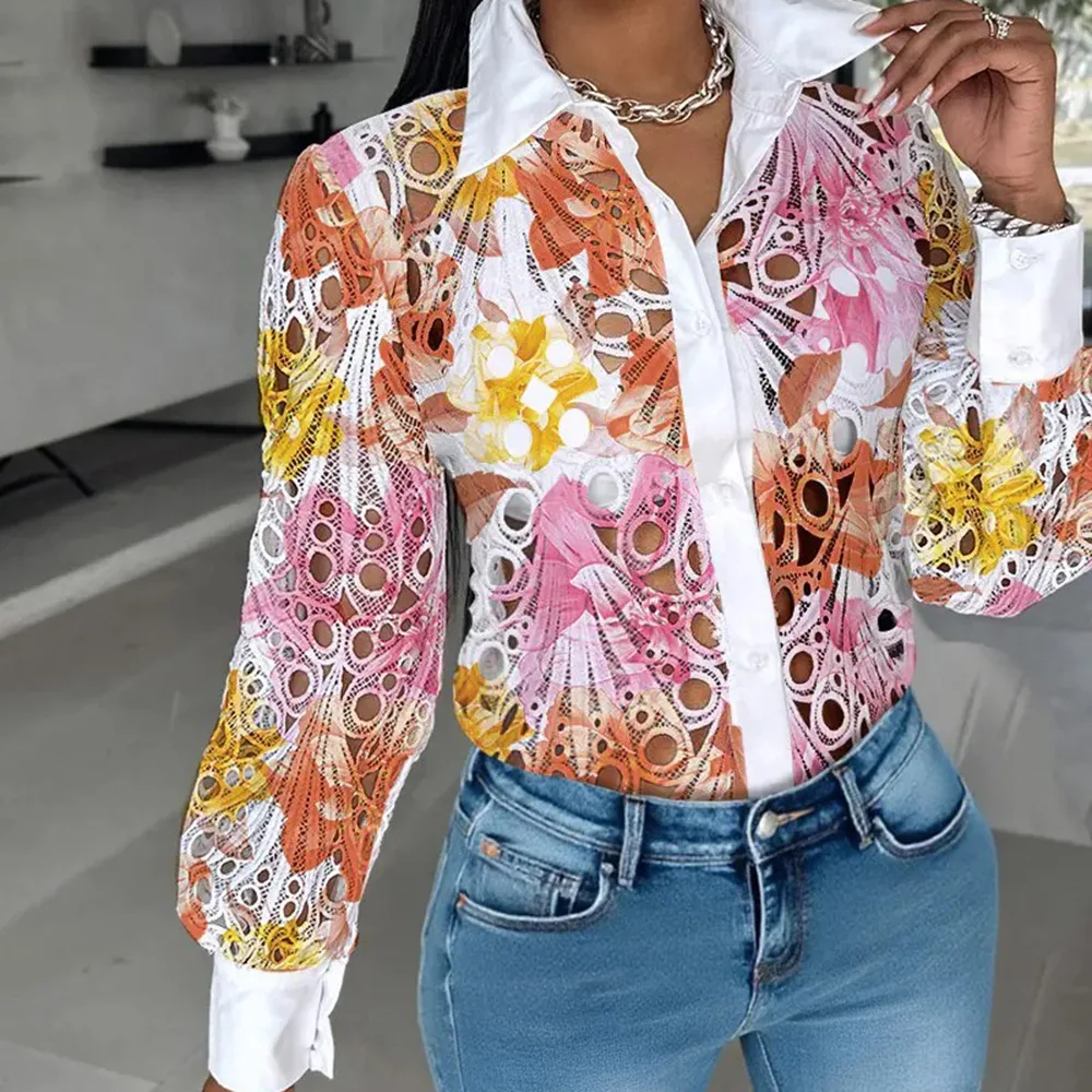 

Blouses Women Shirt Turn Down Collar Hollow Out Full Sleeve Tops Tie Dye Y2k Streetwear Elegant Splice Shirts Casual Work 2025
