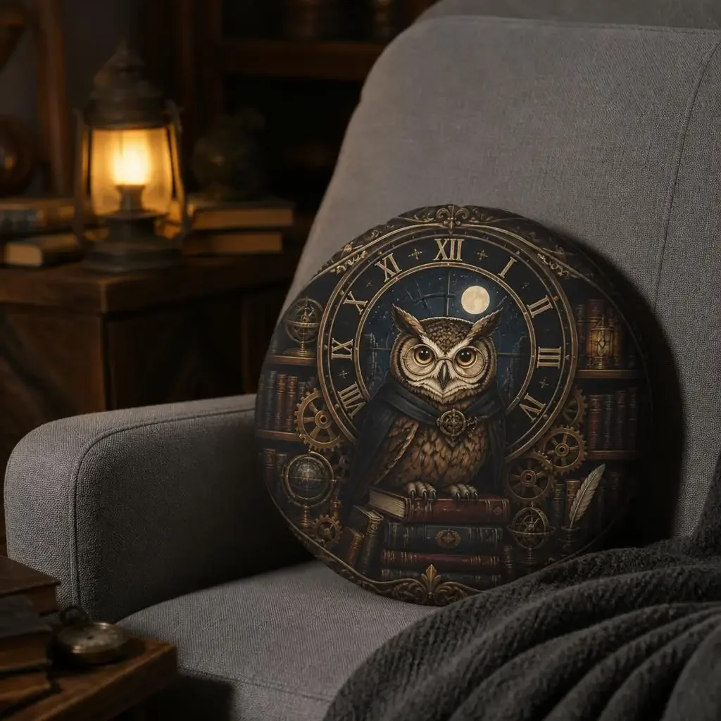Owl Clock Pillow Dark Academia Cushion Fantasy Library Throw Pillow Plush Stuffed Book Lover Gift Gothic Home Decor