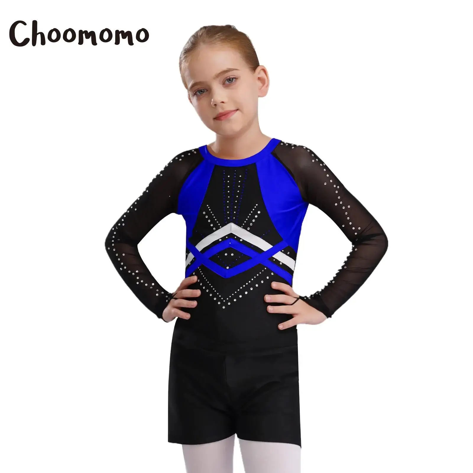 

Kids Girls Ballet Gymnastics Sets Figure Skating Dancewear Sheer Mesh Long Sleeve Rhinestones Leotard with Shorts and Headwear