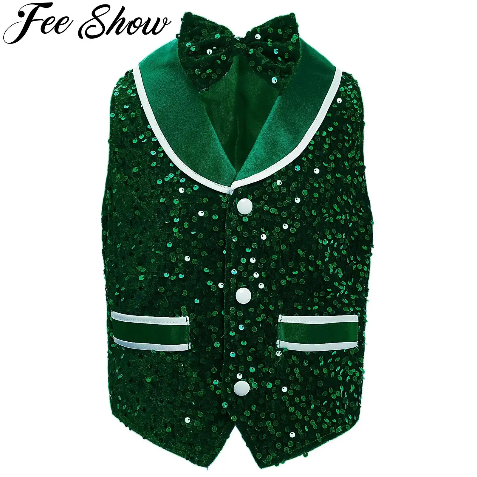 

Kids Boys Girls Shiny Sequins Buttons Vests Waistcoat with Bowtie Jazz Hip Hop Dance School Party Show Stage Performance Costume