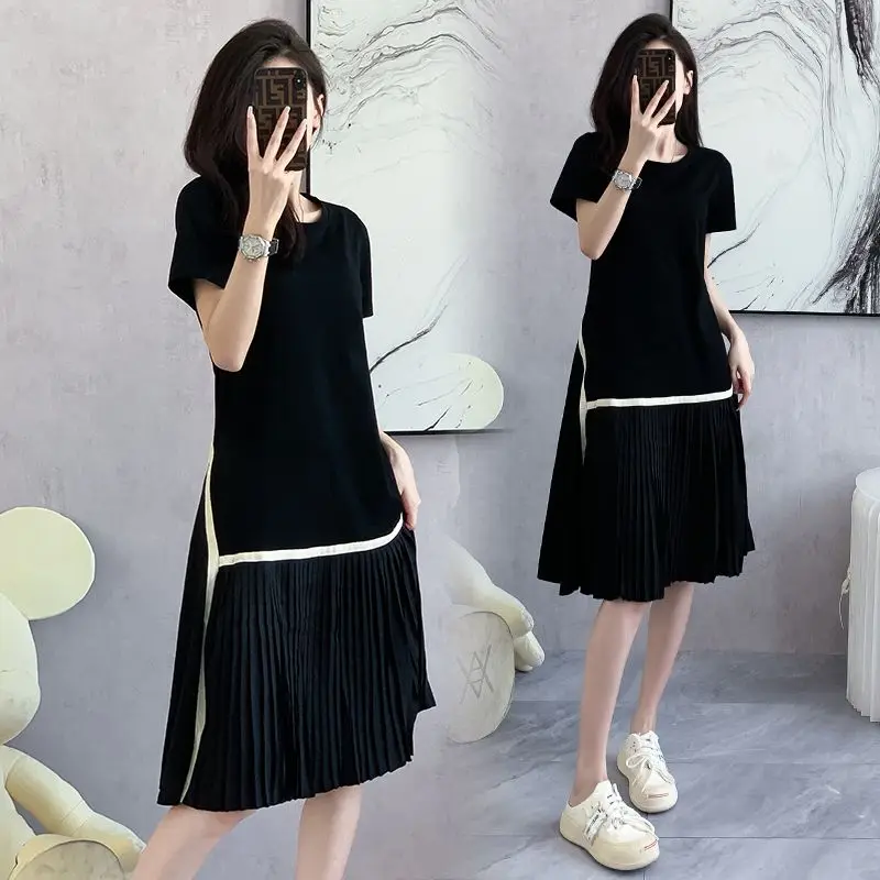 Temperament A-line Short Sleeve Dress Women\'s Summer New Fashion Black Patchwork Pleated Skirt