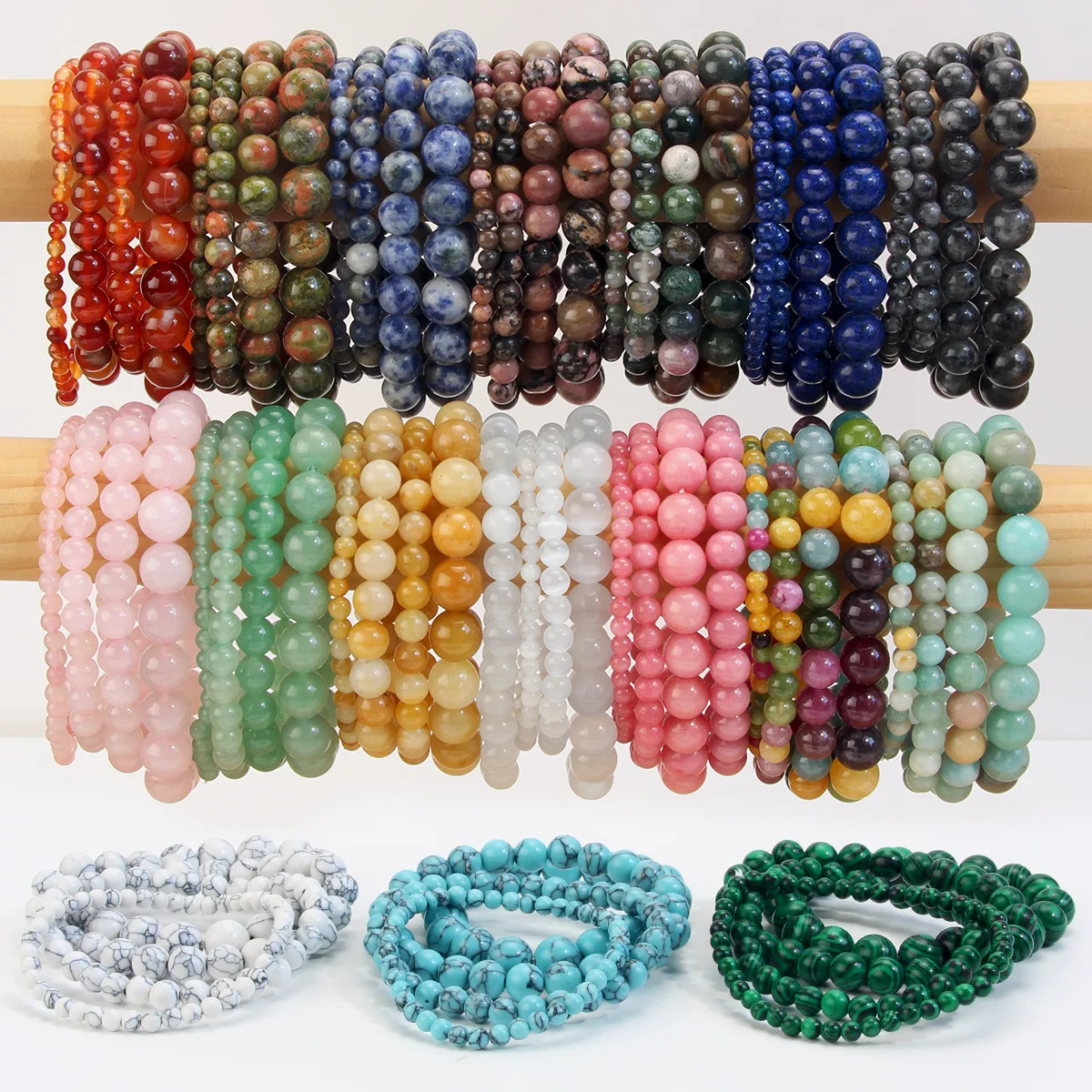 Lot de 4 bracelets élastiques en pierres naturelles bohèmes, quartz rose, perles de 4, 6, 8, 10 mm, bracelet en pierres énergétiques