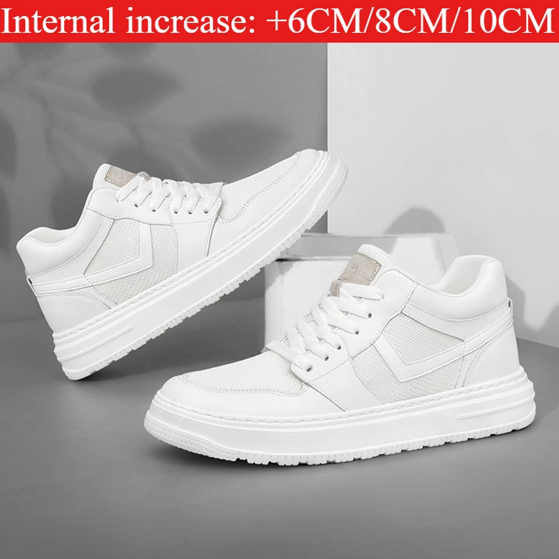 

Men's White Mid-top Elevator Shoes 6/8/10CM Hidden Height Increasing Casual Breathable Mesh Platform Sneakers