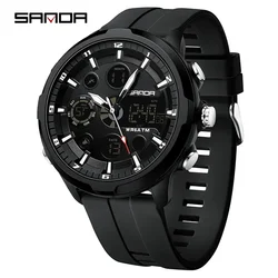 SANDA 9053 Quartz Watch For Male Double Display Digital Wristwatch Clock Brand Style Men Watches 50M Waterproof Sports Military