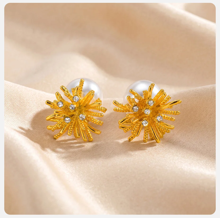 Vnox Trendige Luxus-Kristall-Feuerwerk-Ohrstecker für Damen, vergoldete Imitationsperlen-Ohrringe, eleganter Ohrschmuck mit Charakter. – Detail 5