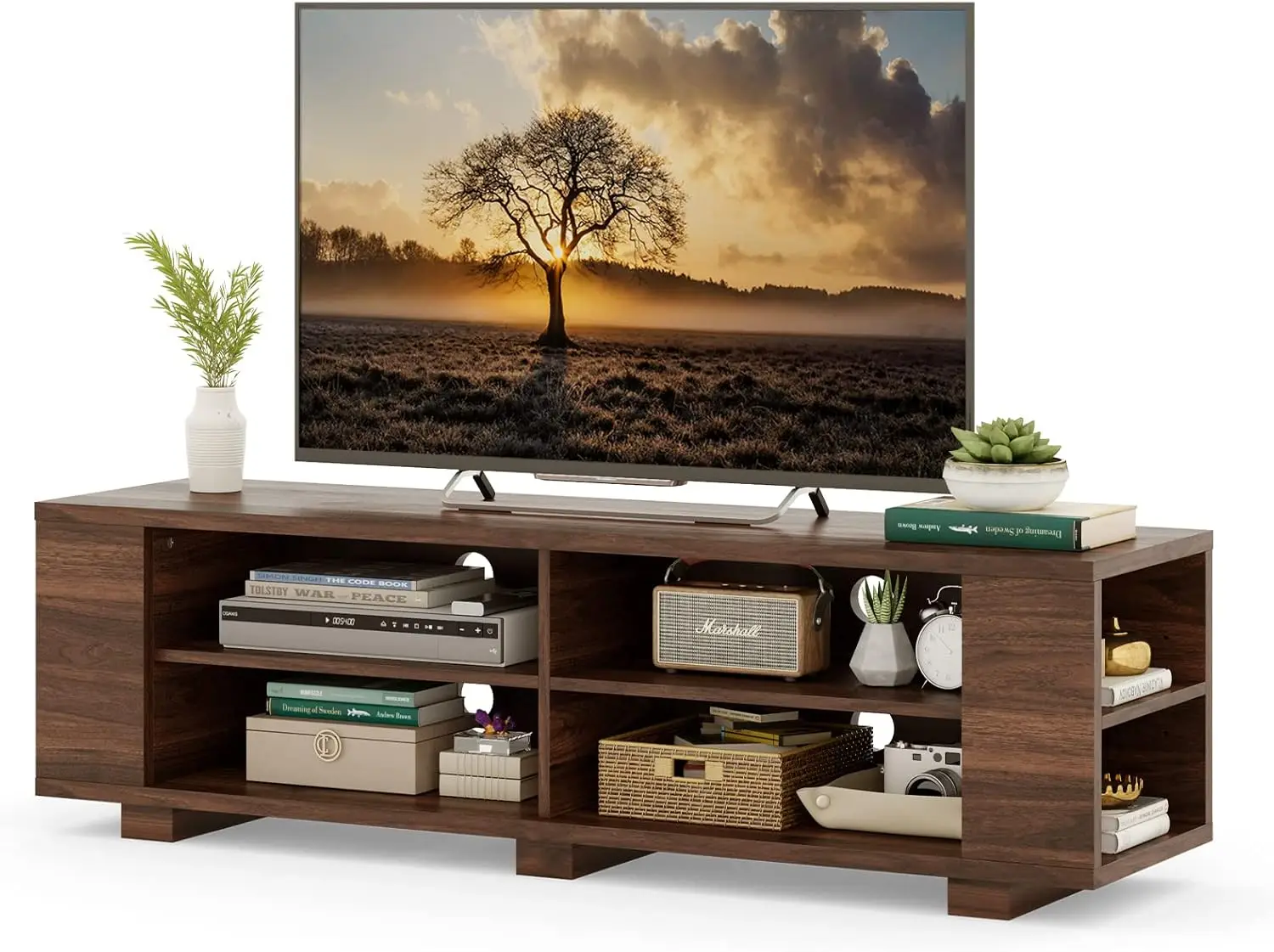 Wood TV Stand for TVs up to 65 Inch Flat Screen,Modern with 8 Open Shelves,Universal TV Storage Cabinet Walnut