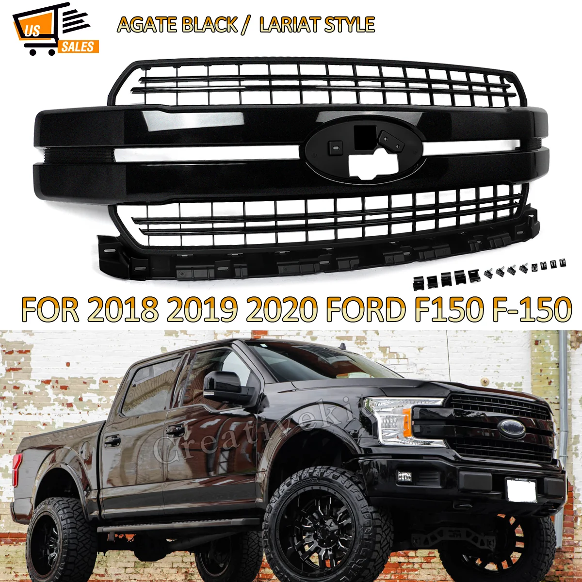 

For 2018 2019 2020 Ford F150 F-150 Grill Agate Black UM/M7414 Front Bumper Grille Lariat Style Auto Modified Grille Accessories