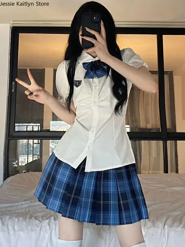 Korean And Cosplay Sweet School Plaid Japanese Uniform Cute Shirt Kawaii Set White Women Pleated Anime Girl