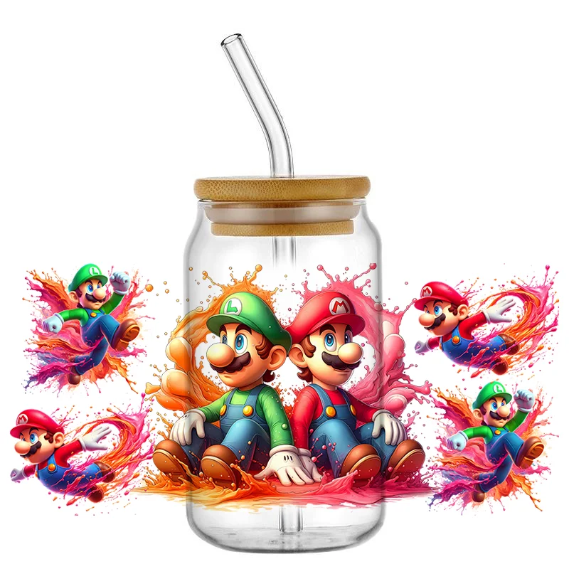 

Новый дизайн, водостойкая кружка с рисунком Марио, наклейки для телефона «сделай сам», 3D переводчики, наклейки UVDTF, 16 унций, УФ-обертывания для чашек DTF для очков Libbey