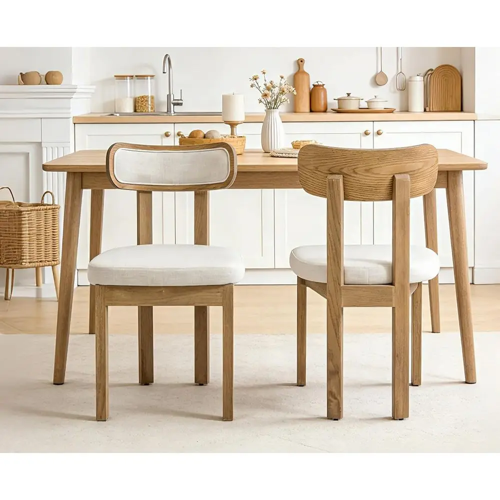 

Комплект из 2 обитых тканью обеденных стульев с изогнутой спинкой, мягким сиденьем, деревянными ножками, льняной бежевой ткани.