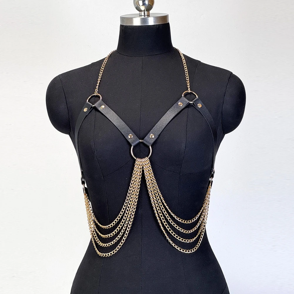 Damen PU-Leder Harness-Gürtel Gotischer Mehrschichtiger Ketten-Gürtel Y2K Punk Retro Verstellbarer Taillengürtel für Alltag, Freizeit und Reisen