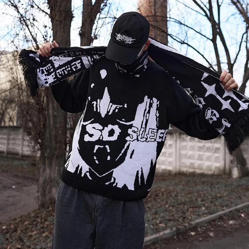 

Y2K хип-хоп гранж винтажный вязаный свитер повседневная уличная одежда в стиле панк Harajuku модный пуловер джемперы для мужчин и женщин