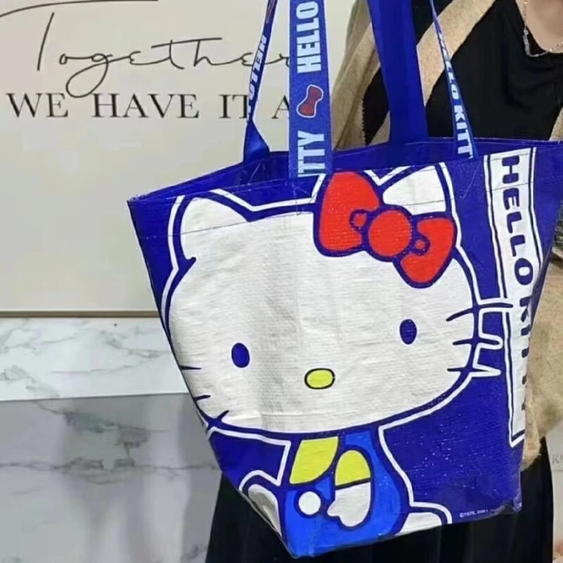 Sanrio Cute Cartoon Character Kitty Printed Klein Blue Duża pojemność na jedno ramię Ekologiczna ręczna tkana torba na zakupy