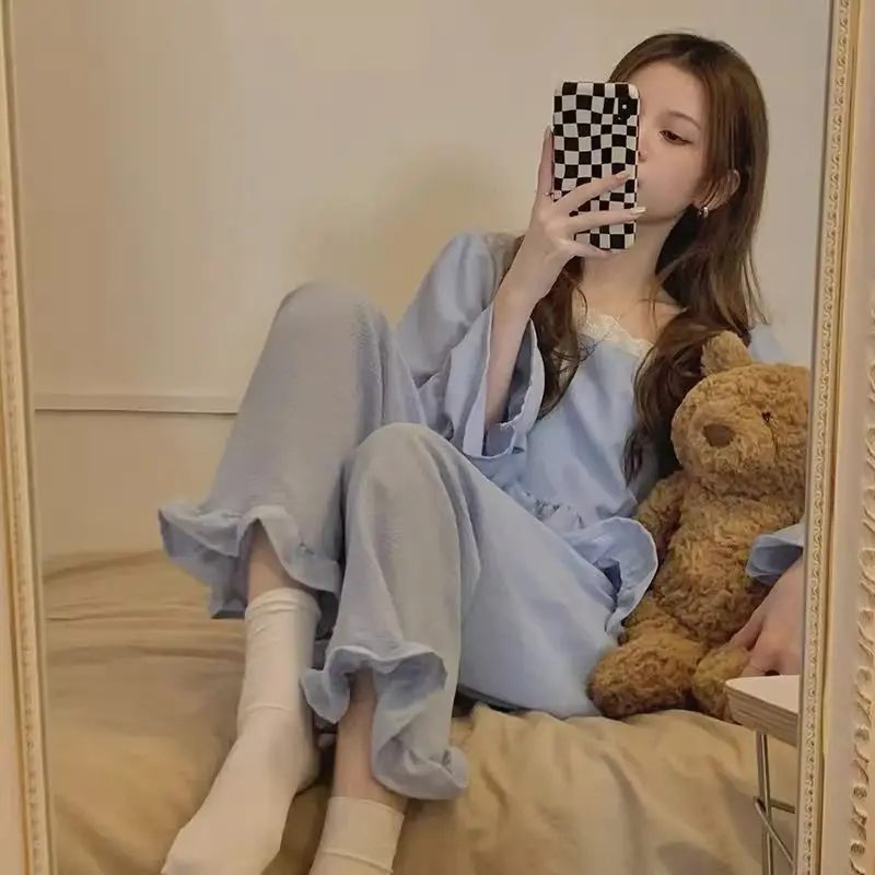 Korean Pajamas Women Spring Lacework Pyjamas Cute Long Sleeve Nightdress Square Collar Loose Sleepwear Solid Color Home Wear