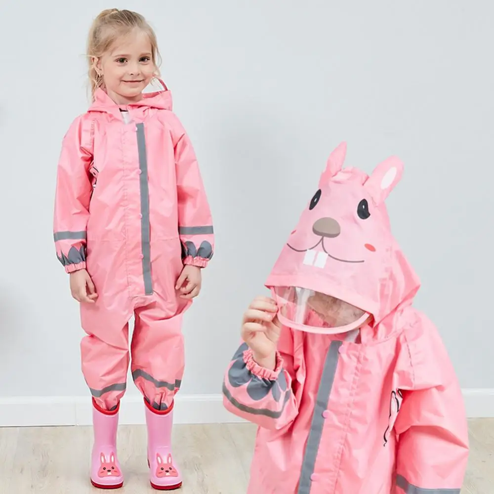 Reflective Strip Kids Raincoat 3D Cartoon Animal Reflective Strip Hooded Raincoat Poncho Coverall 3d Children One-piece Raincoat