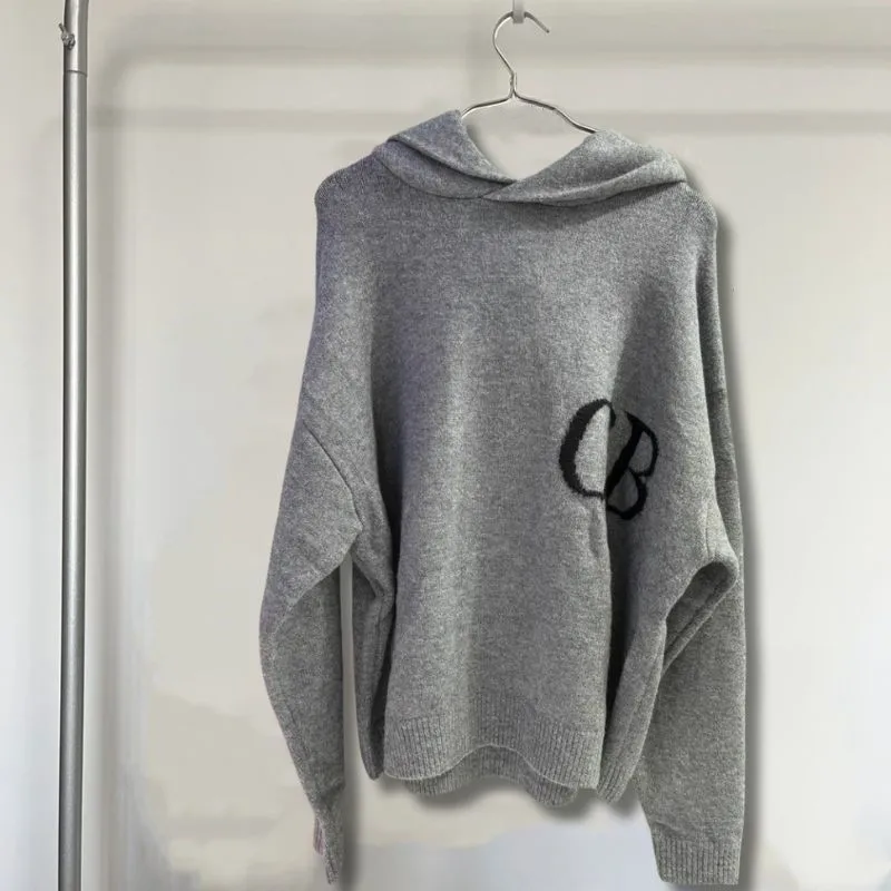 25ss Grey Jacquard Print CB Logo Hooded Sweater Oversized Men Women Loose Casual Knitt Sweatshirts Street Tops Couple Hoodies