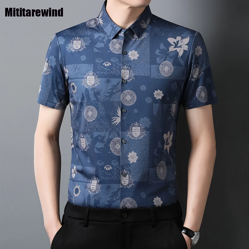 

Korean Fashion Men's Shirts 4XL Summer New in Shirts Causal Turn Down Collar Short Sleeve Printed Shirt Slim Personality Men Top