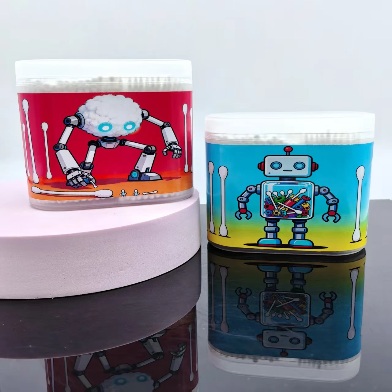 600 Stück/1200 Stück Roboter-Muster-Box-Set, kreative Wattestäbchen, doppelköpfige Wattestäbchen mit feiner Achse