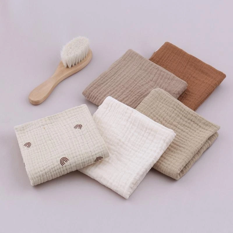 

QX2D 5 Pcs Baby Cotton Square Towel with Newborn Hair Brush Infant Hand Face Washcloth Handkerchief Muslin Cloth Feeding Bib