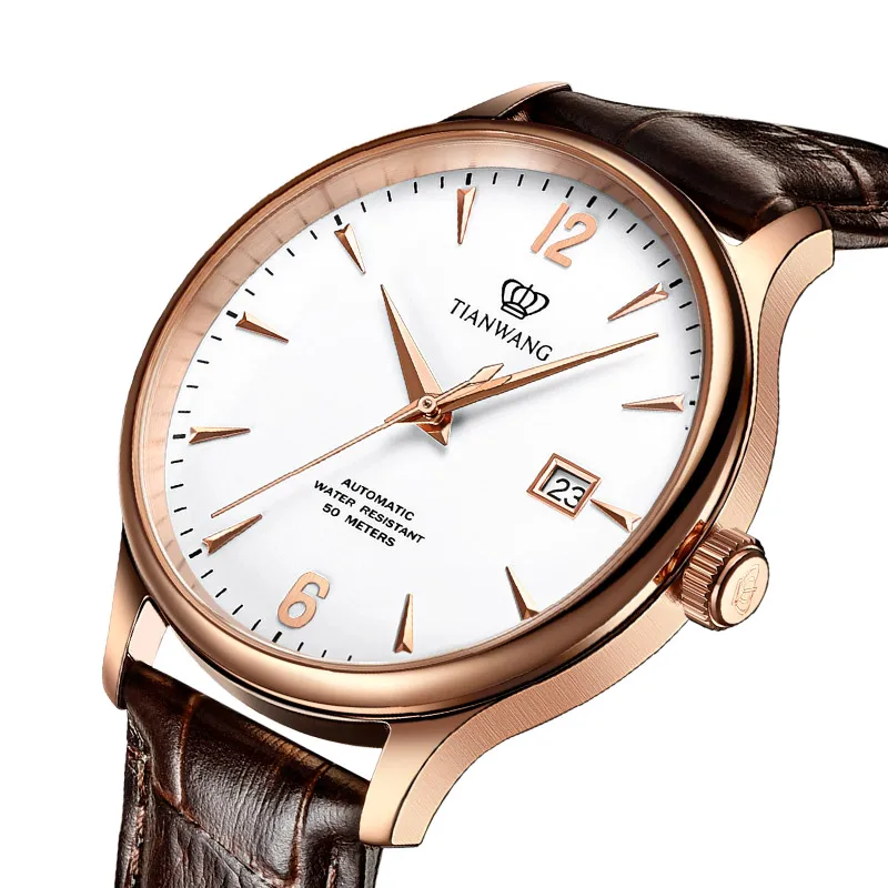 TIAN WANG Watches for Men NH35 Leather Mechanical Watch Simple Stainless Steel High-end Belt Automatic Wristwatch Mens Gifts