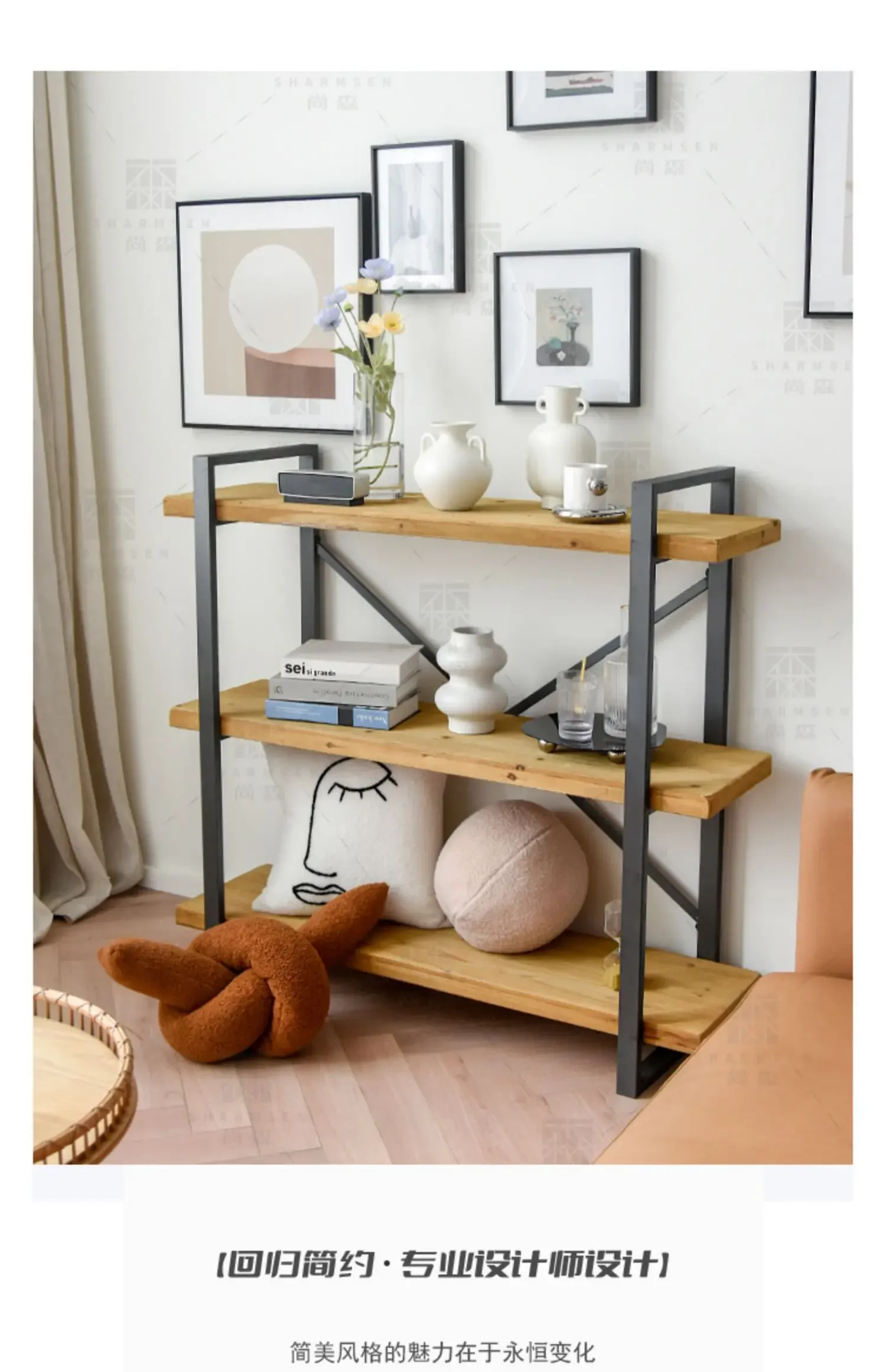 A Industrial style multi-layer shelf wrought iron solid wood living room floor-to-wall bookshelf