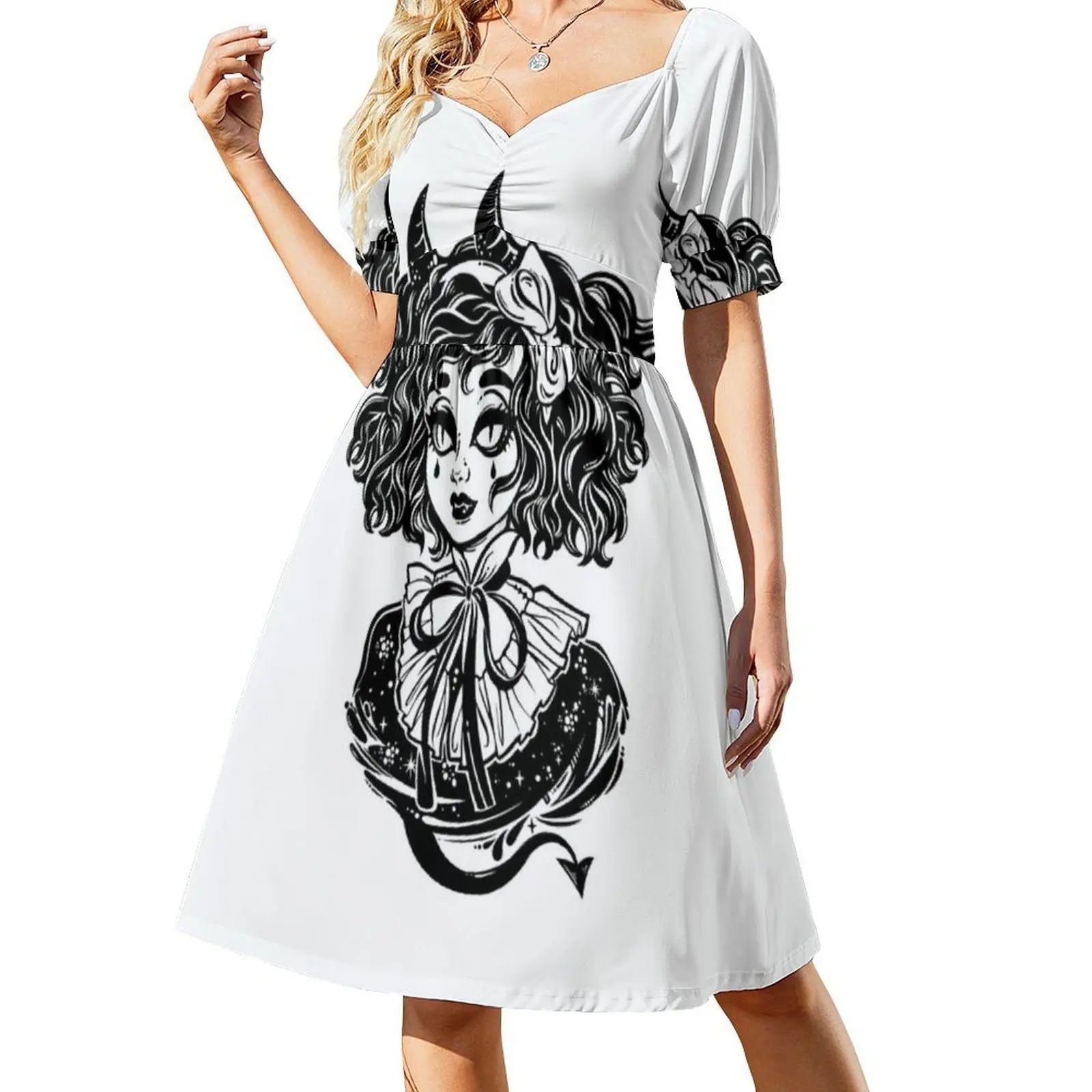 Ritratto di testa di ragazza demoniaca gotica con corna Imp e abito da festa elegante da donna Abito a trapezio con corto/lungo/senza maniche