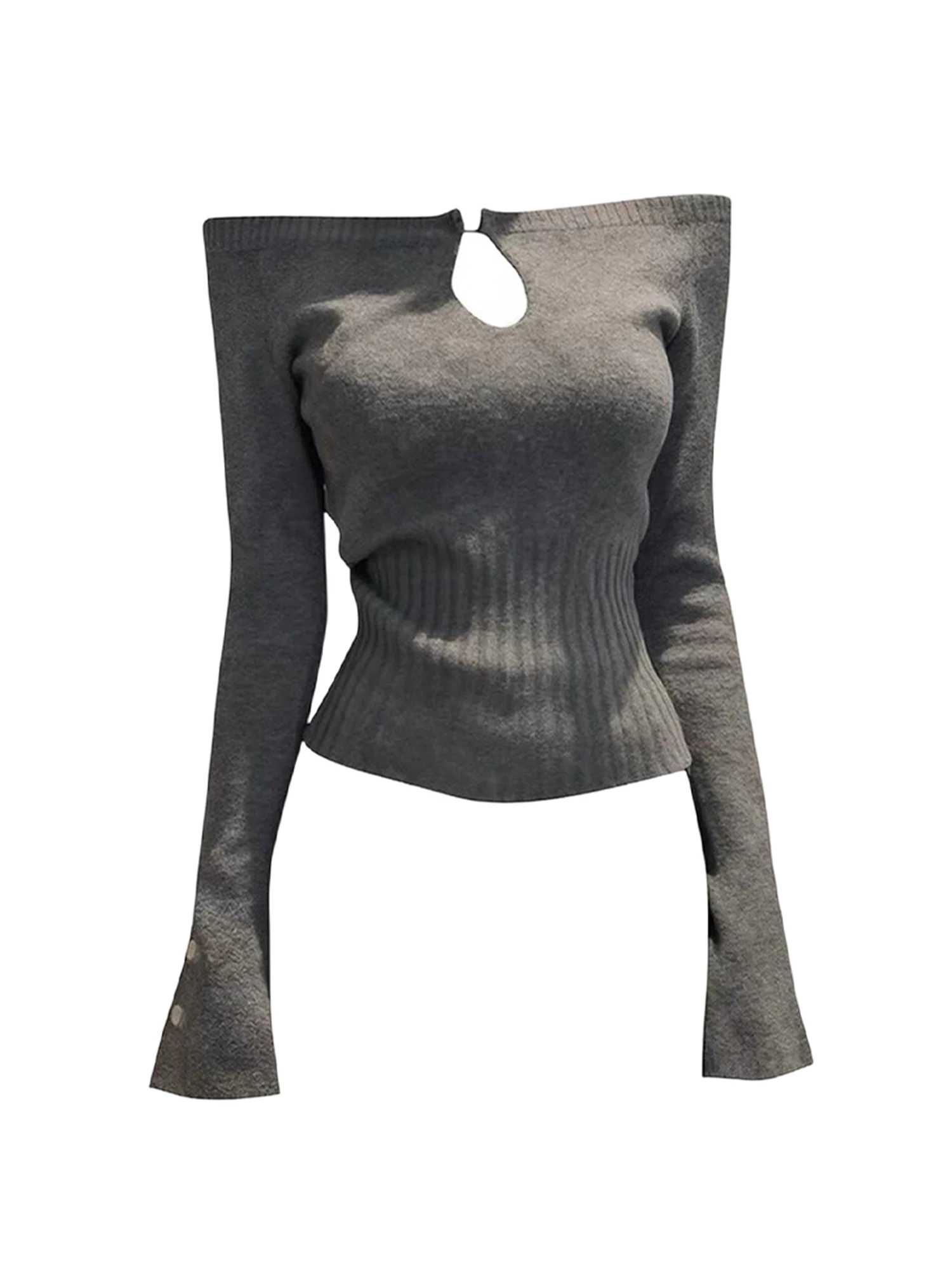 

Женский серый пуловер с разрезом на шее, винтажный джемпер, вязаный кашемировый свитер с открытыми плечами и длинными рукавами, весенняя одежда 2000-х годов, 2025 г.