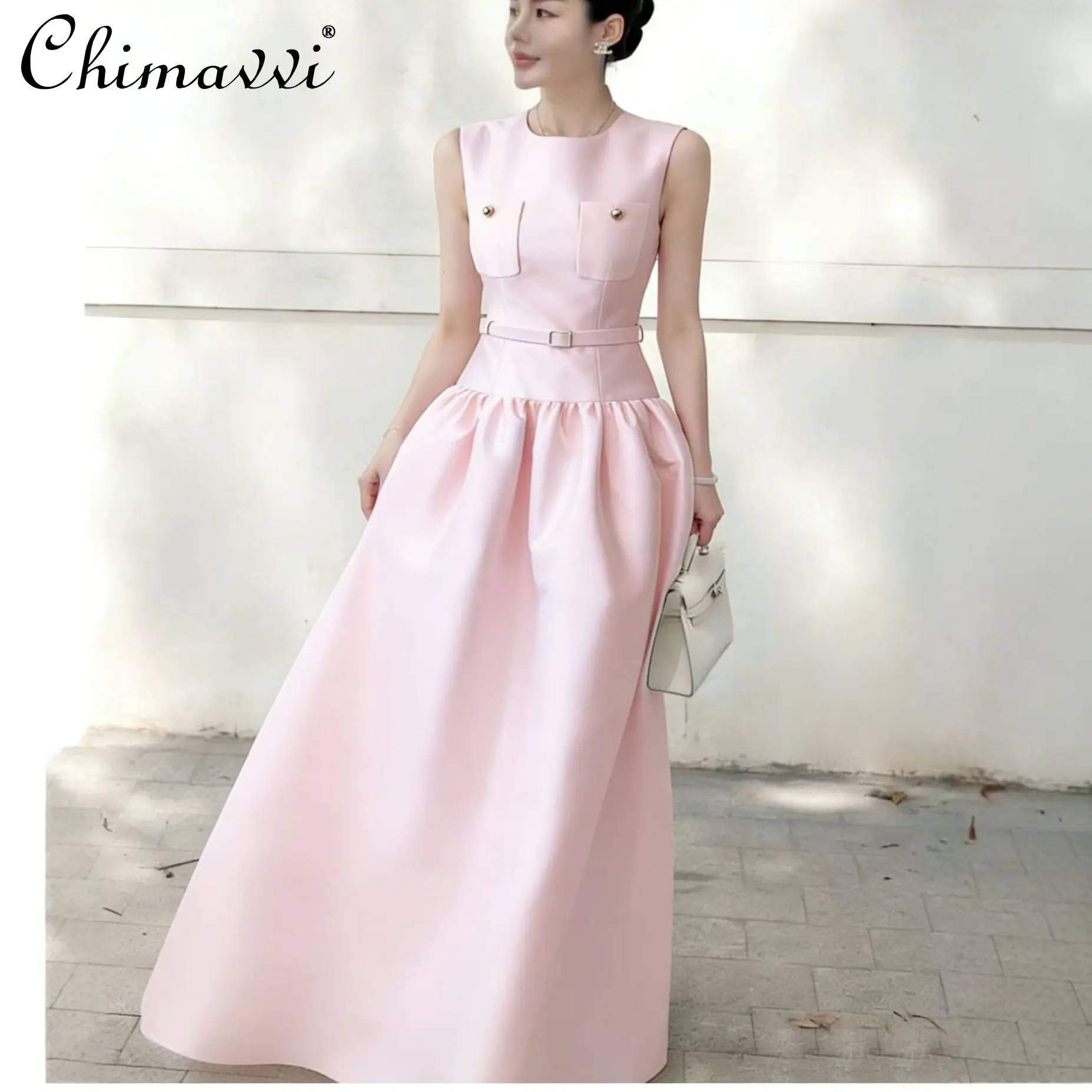 

2026 Spring French Elegant Long Gown Round Neck Sleeveless High Waist Belt Slim A-line Sweet Pink Evening Party Dress for Women