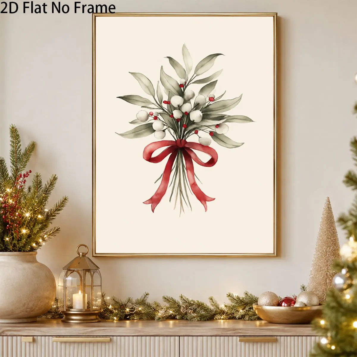 2D Flat, 1pc WENGTIAO Mistletoe Berry Bouquet Poster - Modern Watercolor Wall Art Suitable for Christmas, New Year, Winter De