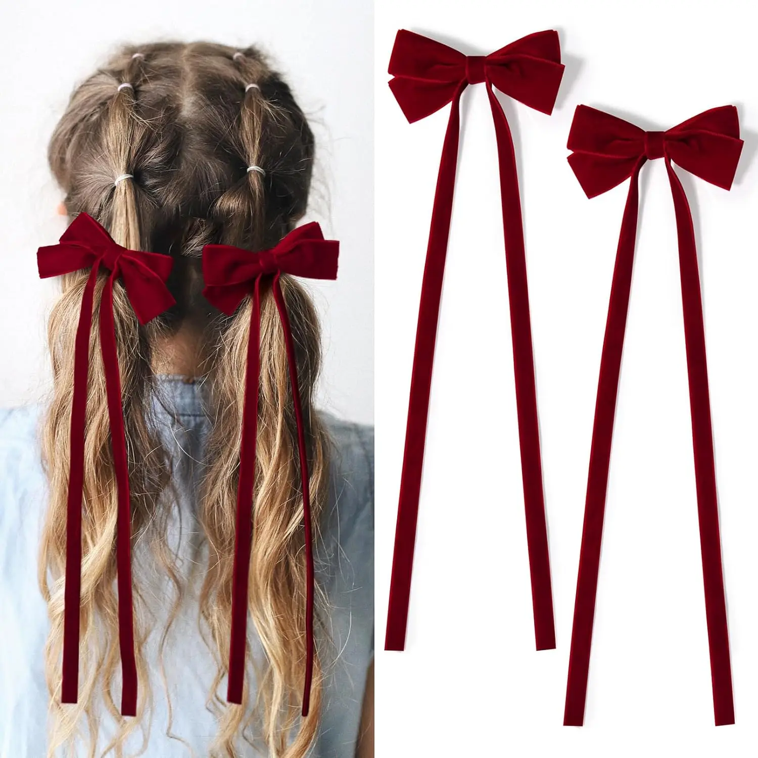 

2PCS Velvet Hair Bows Ribbon Hair Clip Red Ponytail Holder Accessories Slides Metal Clips Hair Bow for Women