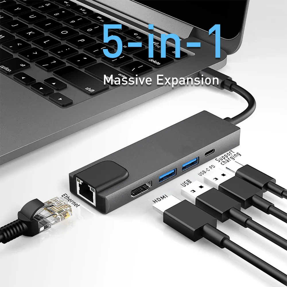 

ZOERAX USB C Hub 5in1 Многопортовый адаптер с HDMI 4K, LAN RJ45 Ethernet, 2USB 3.0, Quick Charge PD 100 Вт для MacBook Pro/Air M1