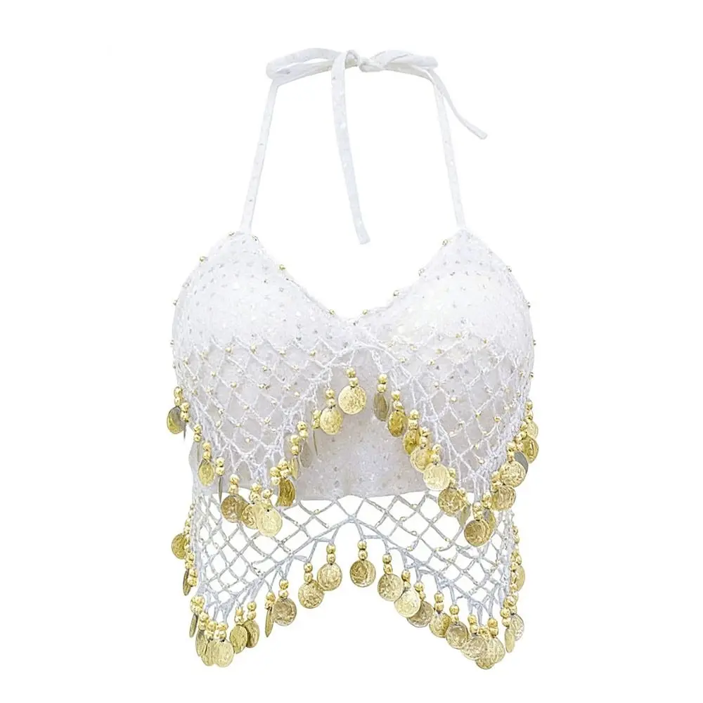 Charming Shiny Belly Dance Bra Halter Neck Tassel Stage Performance Top Dance Wear Sleeveless Sequins Crop Top Stage
