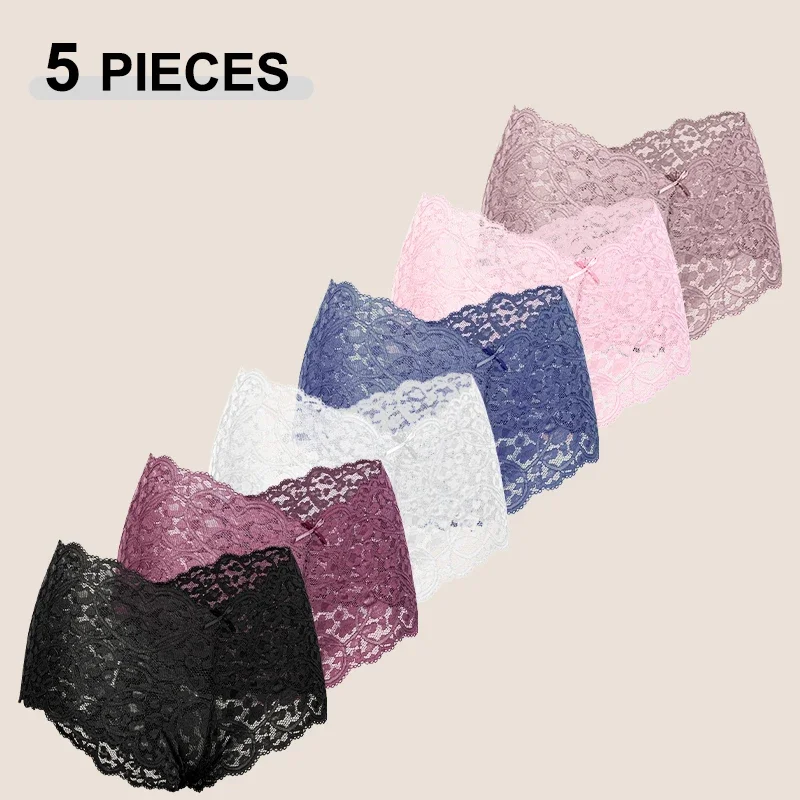 New 5PCS Women's Sexy Lace Perspective Boyshort Panties Cute Bowknot Hollow Out Boxer Shorts Seamless Breathable Intimate Linger