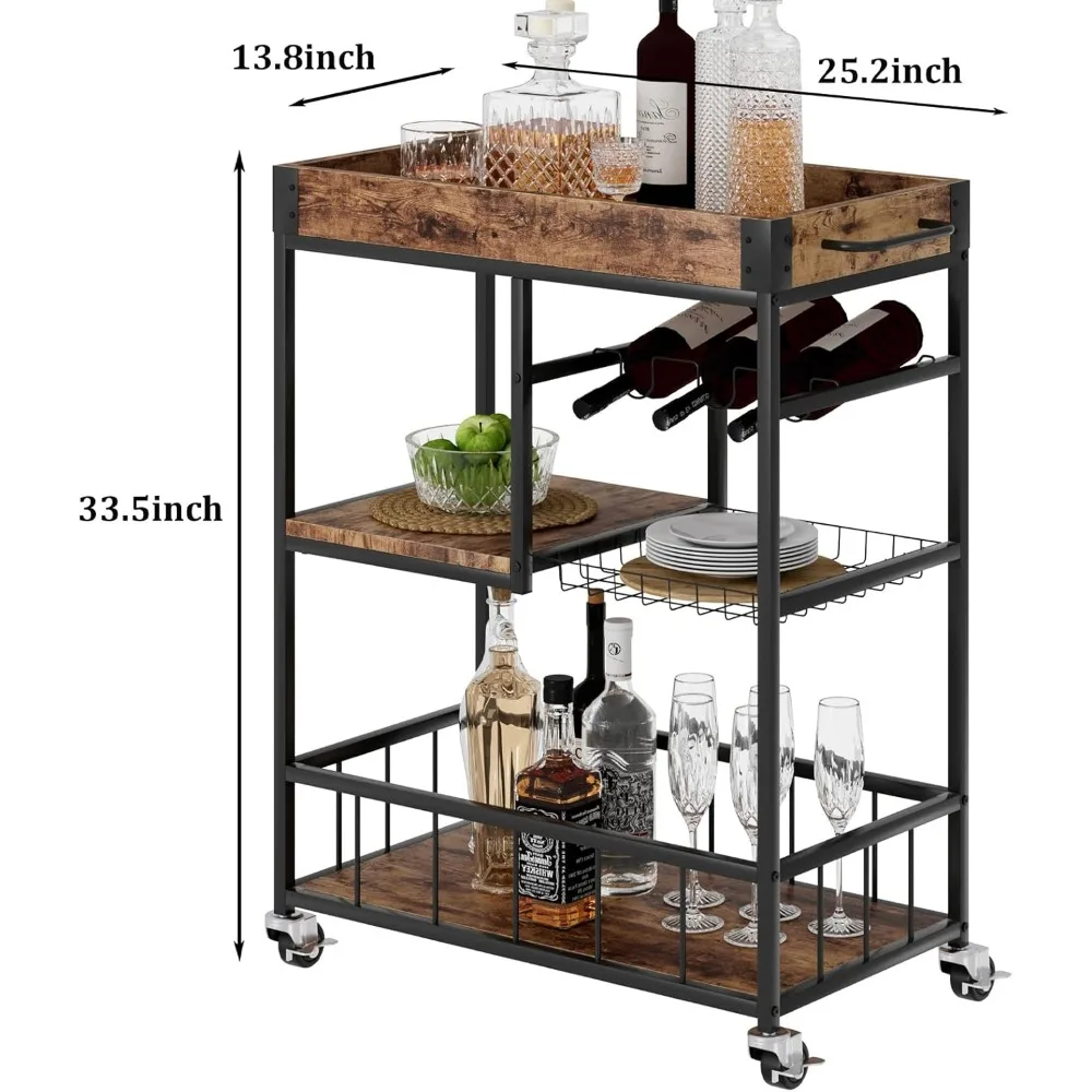 Carrello da Bar con cesto portabottiglie da casa a 3 livelli con ruote cucina Mobile servizio in metallo in legno stile Vintage industriale