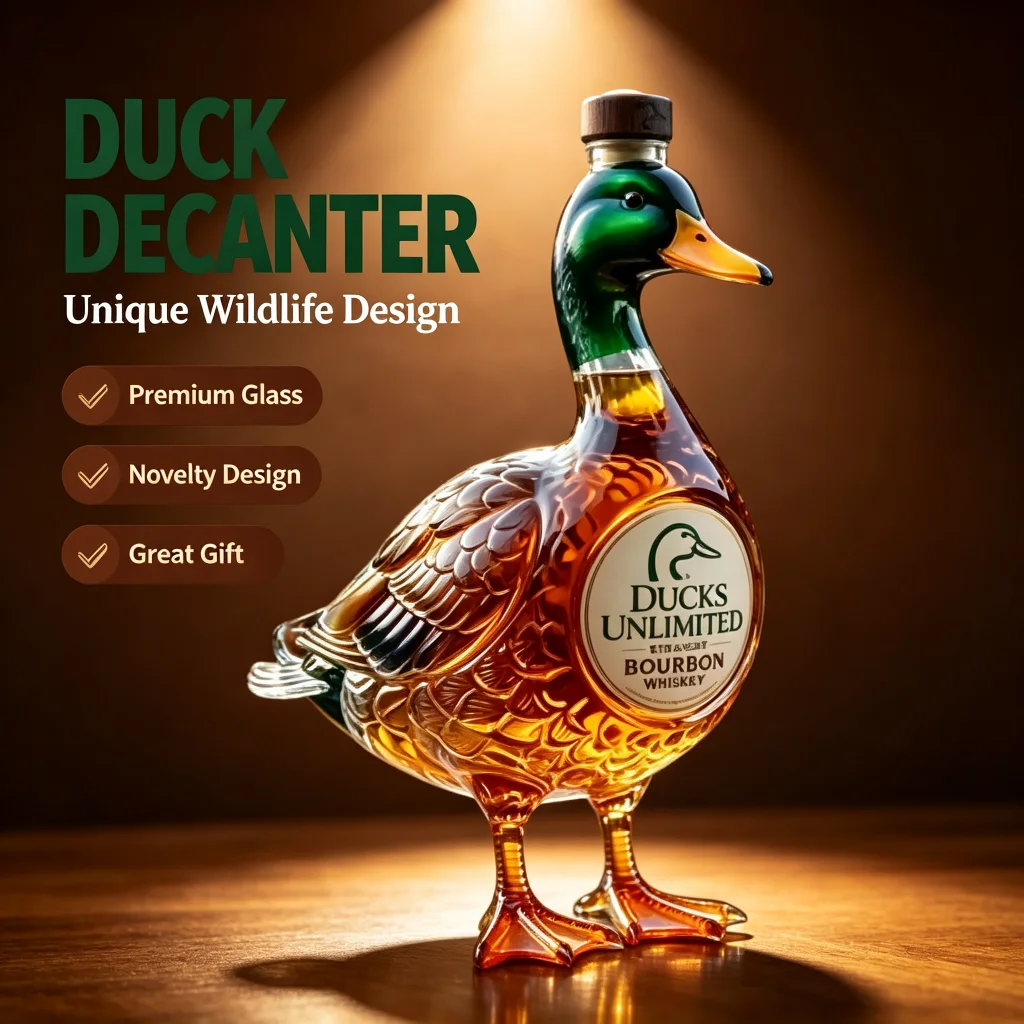 Duck Shaped Crystal Decanter Ducks Unlimited Mallard Glass Whiskey Bourbon Liquor Bottle Novelty Wildlife Bar Decor Gift