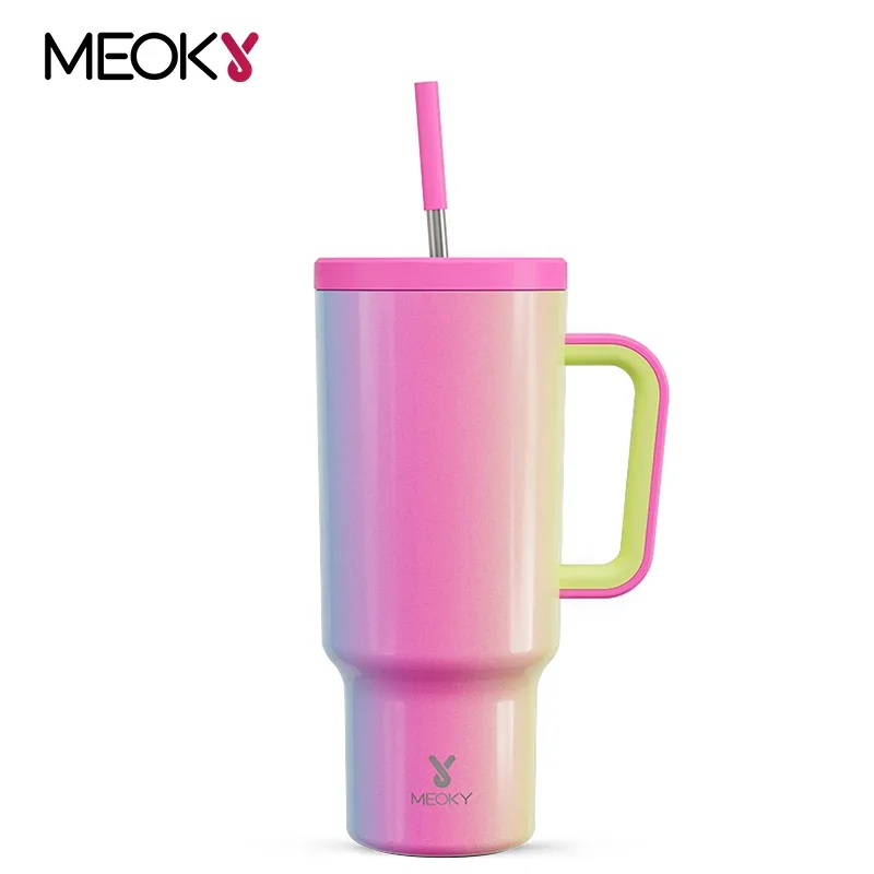 

Meoky 40oz Insulated Thermal Cup Tumbler with Handle Straw Lids Rainbow Gradient Stainless Steel Travel Drinkwear Mug Vacuum