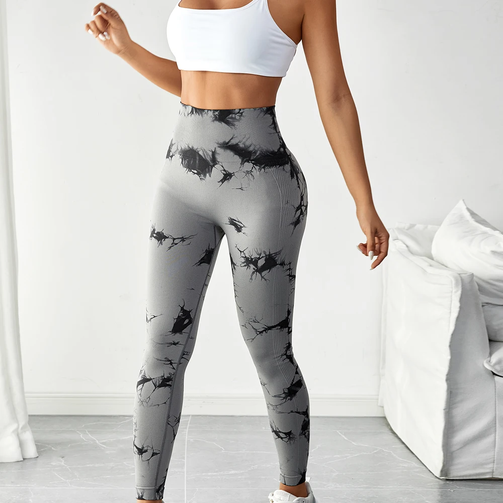 Mallas sexys teñidas con lazo para mujer, pantalones elásticos para realzar glúteos, cintura alta, sin costuras, ajustados para Fitness, gimnasio,