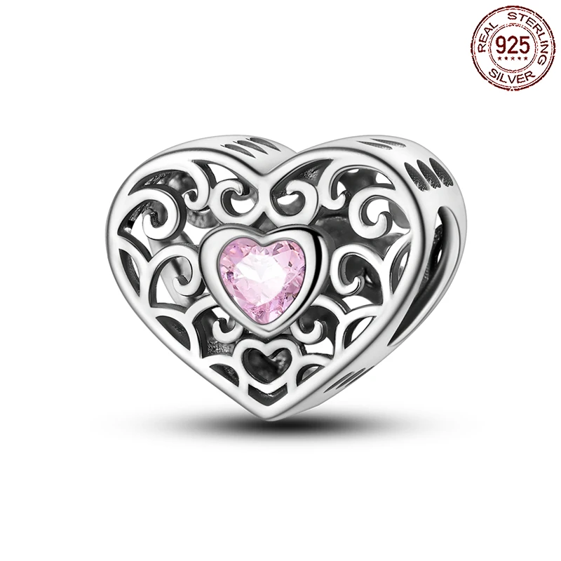 925 Sterling Silver Hollowed Out Heart-shaped Pink beads Charm Fit Original Pandora Charms Bracelets Women DIY Jewelry Gift