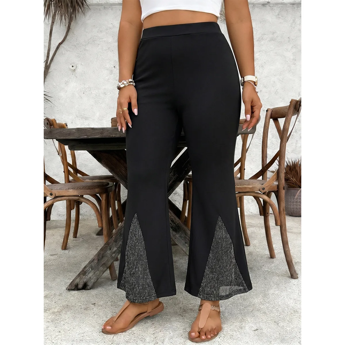 Plus-size Women's Black Flared Pants, High-waisted Elastic, Slimming With Mesh Panels And A Slit, Cropped Length, Random Femme