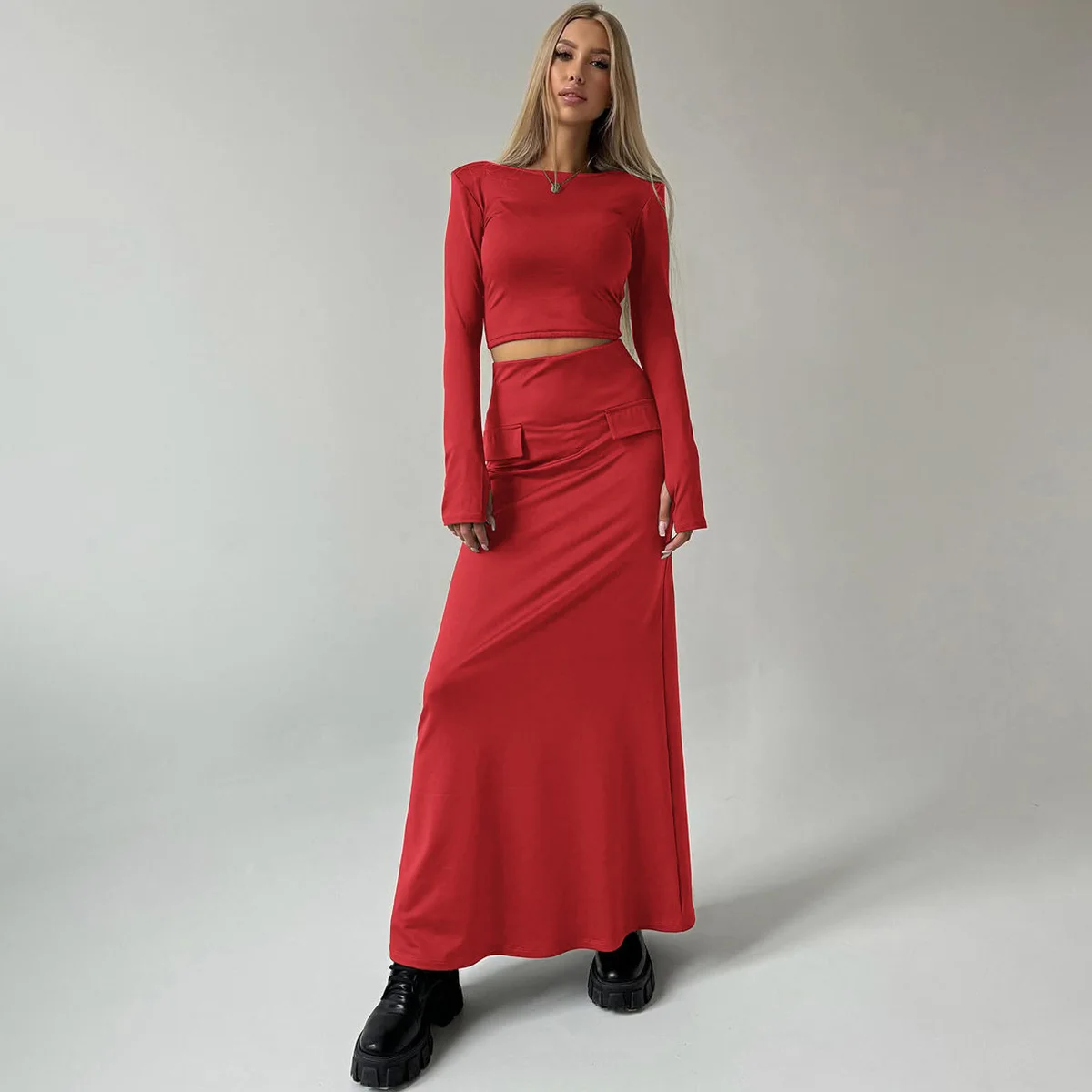 

BKLD Solid Color 2024 Autumn And Winter New Fashion Long Sleeve Crop Top Slimming Skirt Set Two Pieces Outfits For Women