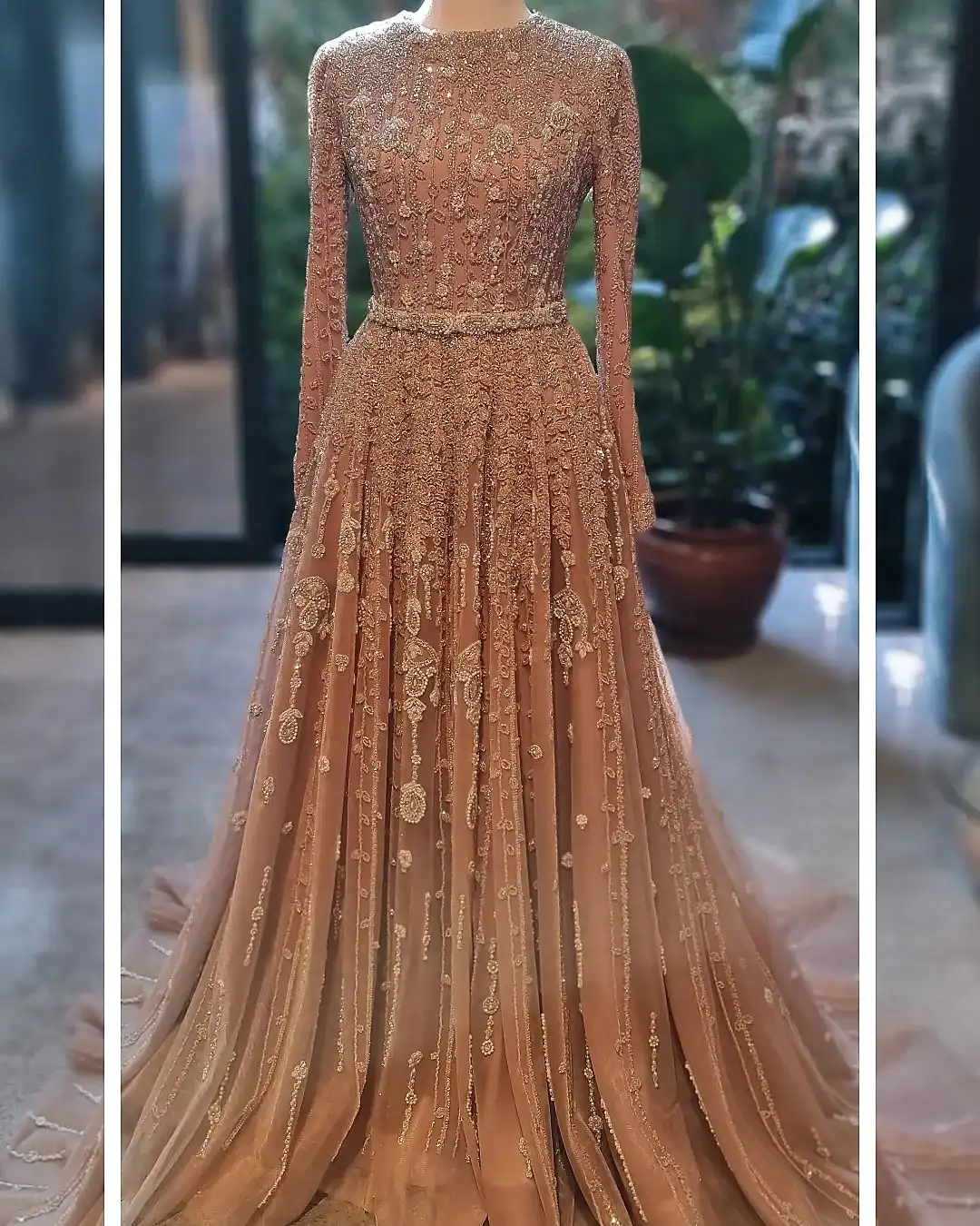 

Saudi Arabia Pink Evening Dress Long Sleeves A Line Party Gowns Customized Heavy Beaded Sequined Prom Dresses Formal Dresses