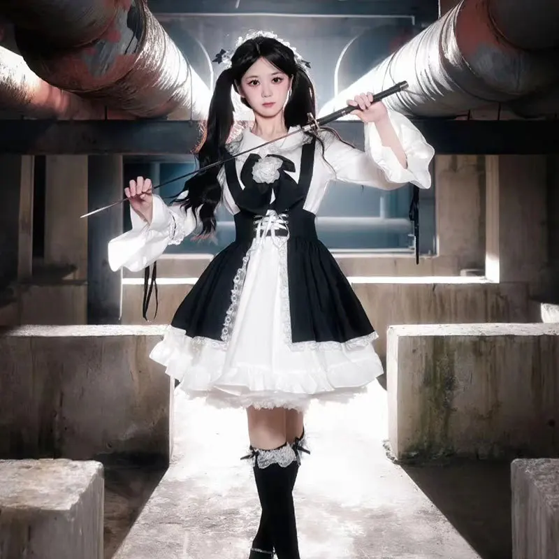 Blowing Pussy Maid Dress Cosplay Black and White Japanese Long Sleeve Lolita  Maid Dress Cute   Loose