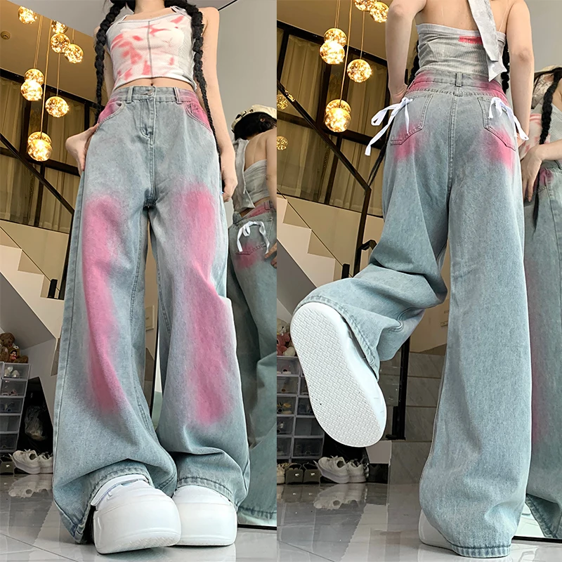 

Women High Waist Y2k Baggy Harajuku 90s Jeans Female Contrast Color Tie Dyeing Denim Trousers Girls Light Blue Wide Leg Pants