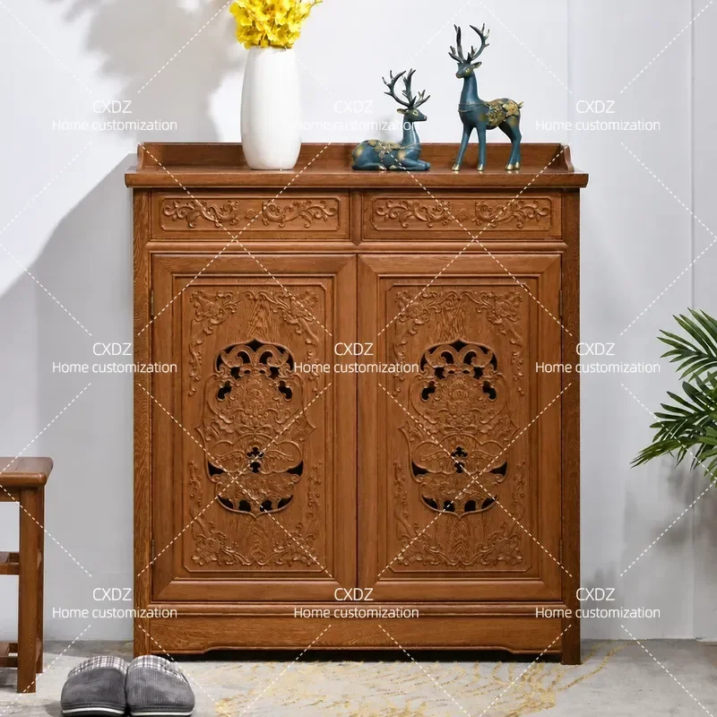 Solid Wood Shoe Cabinet for Entryway Antique Chinese Style Storage Rack Foyer Side Cabinet Organizer