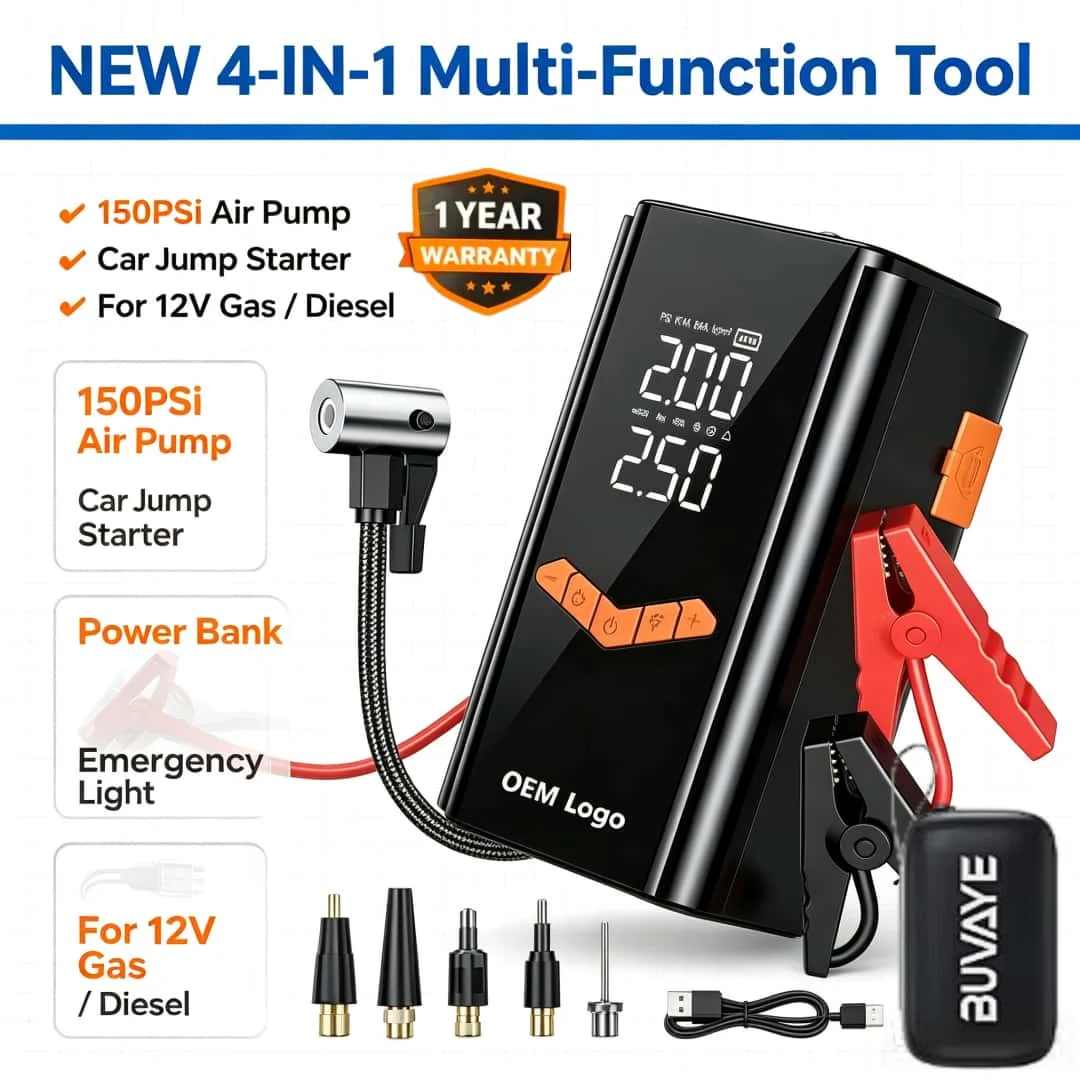NEW 4-IN-1 Car Jump Starter With 150PSI Tire Inflator Air Pump Portable Car Battery Booster Power Bank For 12V Gas/Diesel