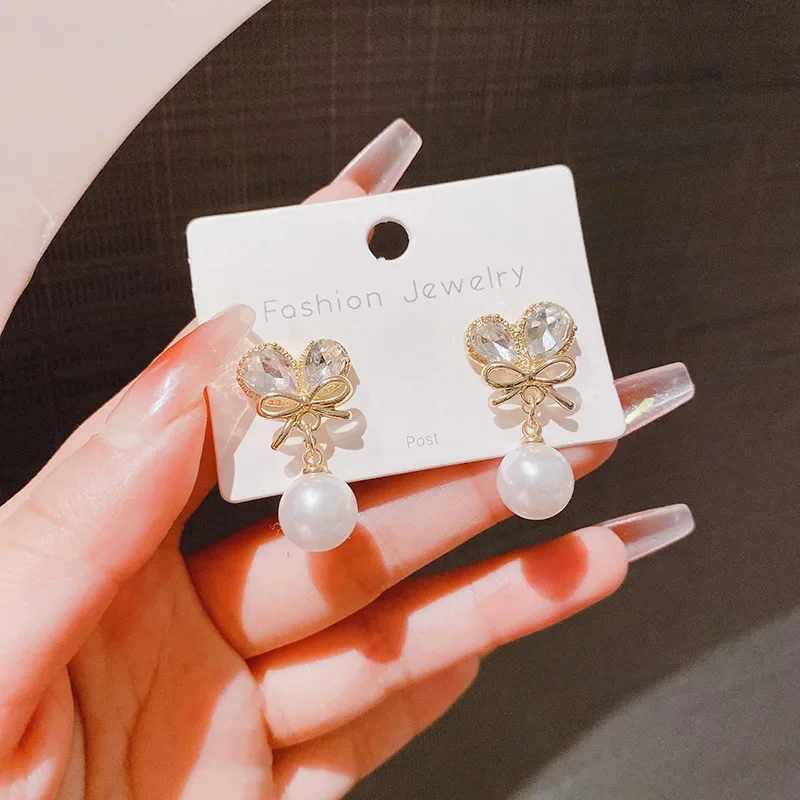New CZ Crystal Bowknot Imitation Pearl Pendant Earrings for Women Personality Party Wedding Jewelry Wholesale Girl Gift